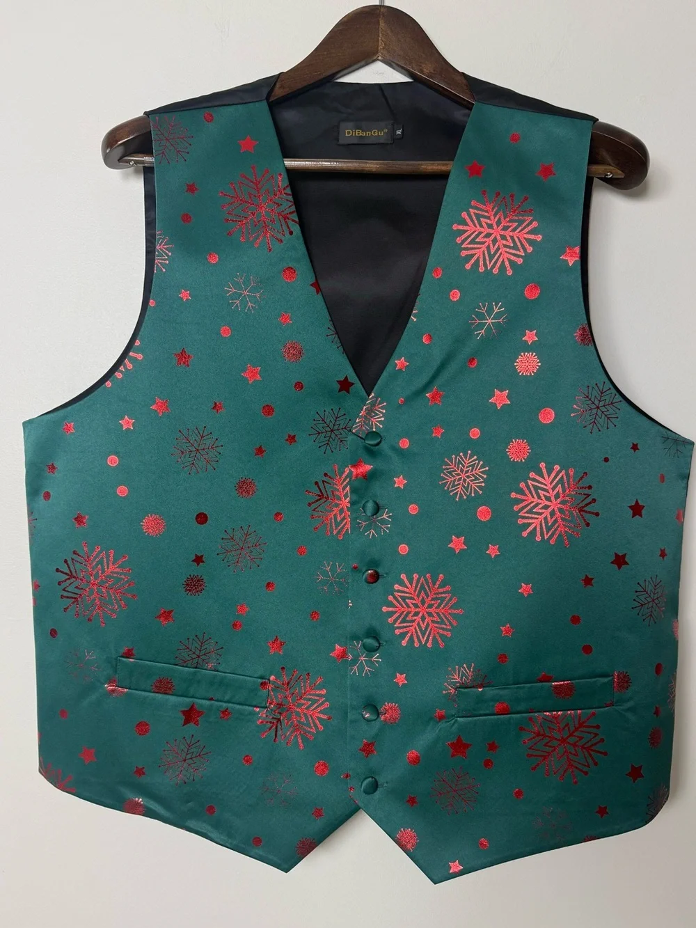 Men’s Christmas Silk Vest Green Red Snowflake XL Festive Party Tuxedo